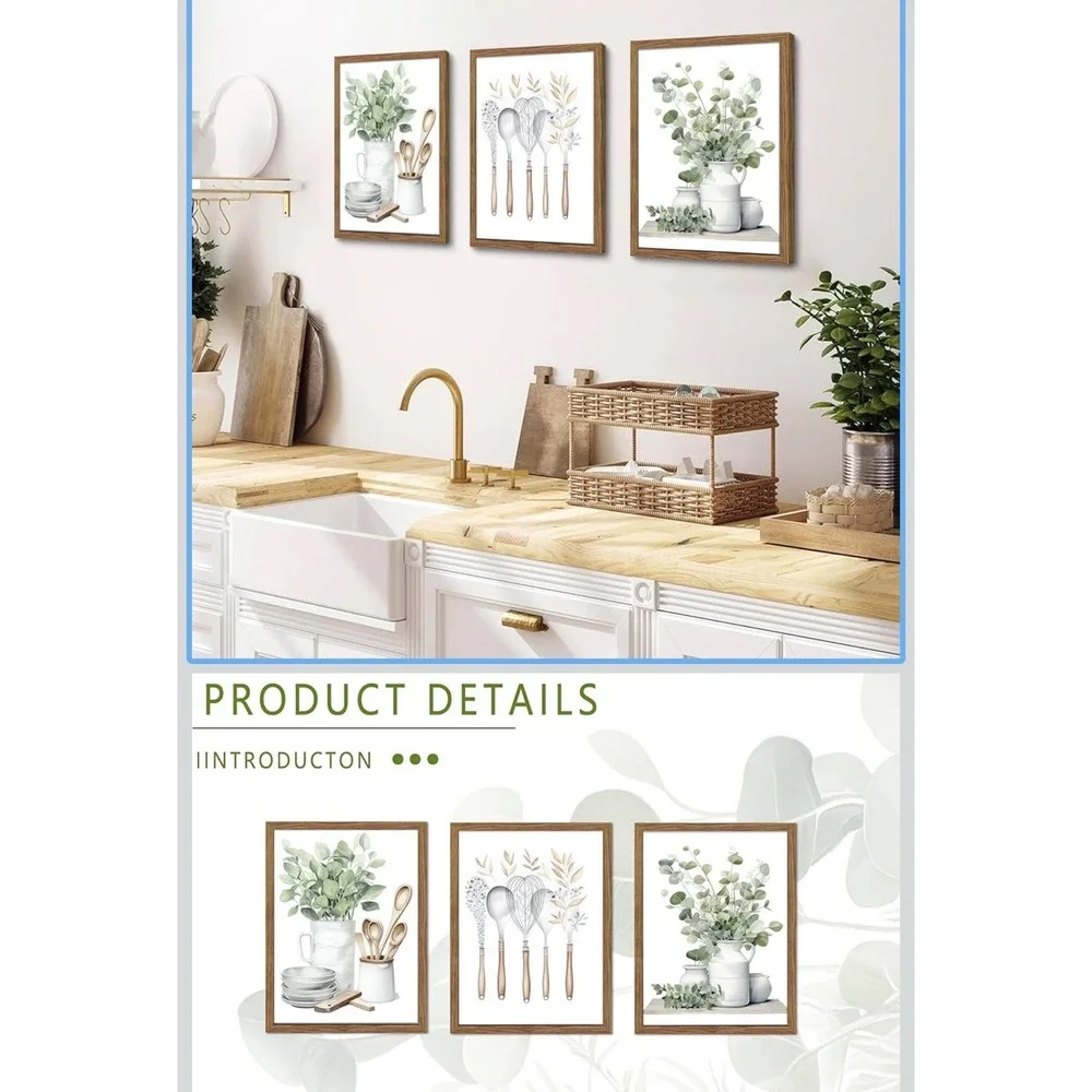 3 Piece Botanical Kitchen Wall Art Set Watercolor Eucalyptus Wood Frames 12x16
